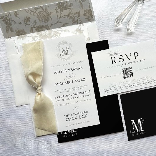 シンプル白黒モノグラム結婚のQR RSVP エンクロージャーカード