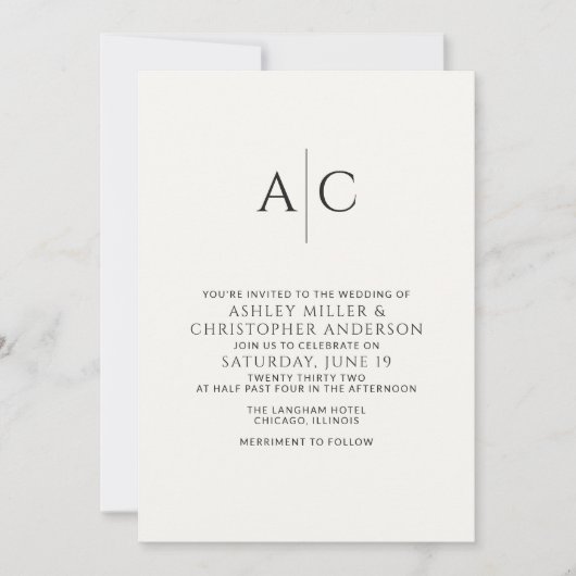 シンプル白黒モノグラム結婚ズ 招待状 (正面)