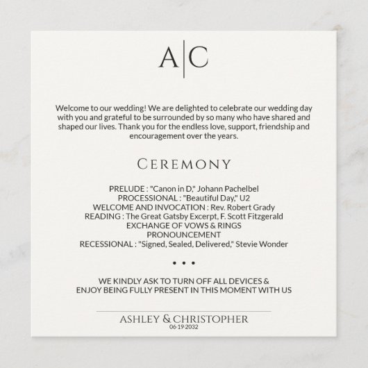 シンプル白黒モノグラム結婚式 プログラム (正面)