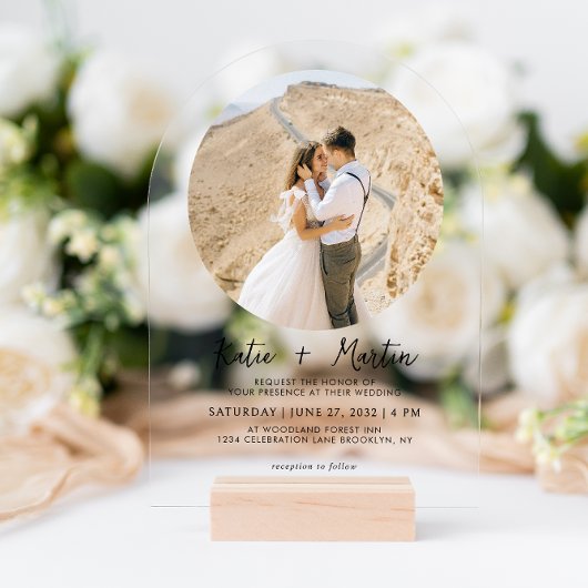 シンプル白黒ラウンドフォトアー結婚チ アクリル招待状