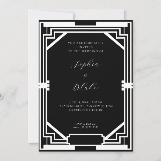 シンプル白黒ヴィンテージアールデコ結婚 招待状 (正面)
