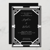 シンプル白黒ヴィンテージアールデコ結婚 招待状 (正面/裏面)