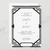 シンプル白黒ヴィンテージアールデコ結婚 招待状 (正面/裏面)