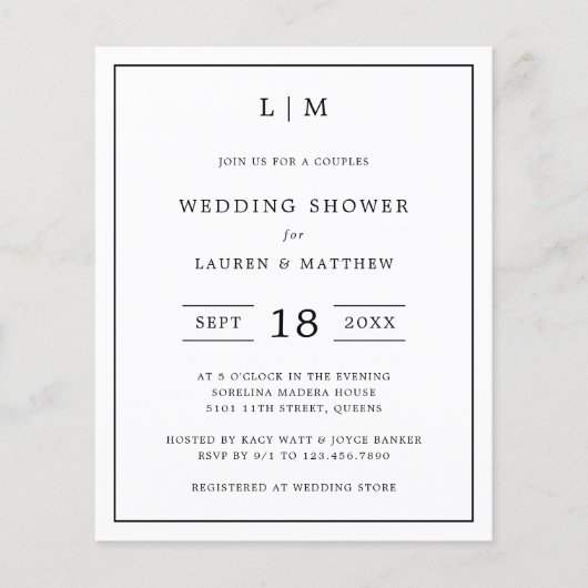 シンプル白黒予算ウェディングシャワー招待状 (正面)