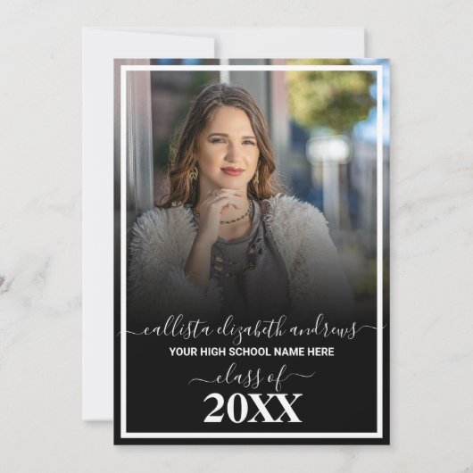 シンプル白黒卒業グラデーション写真コラージュ 案内状 (裏面)