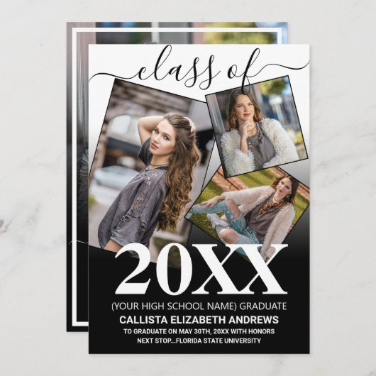 シンプル白黒卒業グラデーション写真コラージュ 案内状 (正面/裏面)
