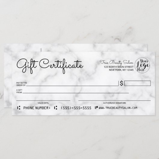 シンプル白黒大理石チェックギフト証明書 (正面/裏面)