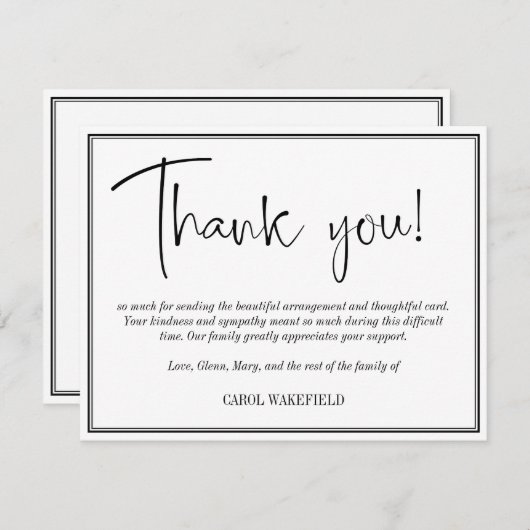 シンプル白黒悔やみや弔慰ありがとう サンキューカード (正面/裏面)