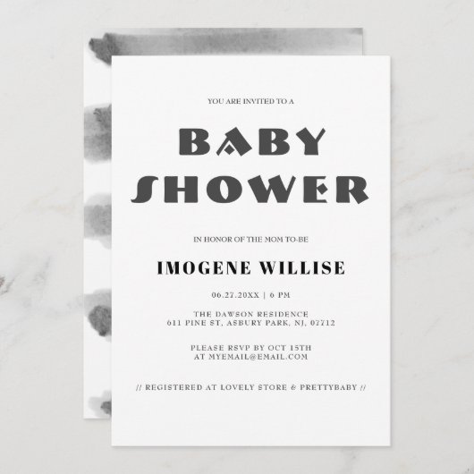 シンプル白黒抽象芸術赤ちゃんシャワー 招待状 (正面/裏面)