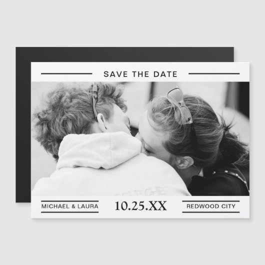 シンプル白黒結婚の写真の日付の保存 マグネット招待状 (正面/裏面)