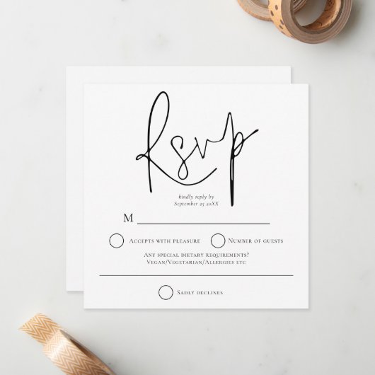 シンプル白黒結婚ズスクエアRSVP ノートカード (正面/裏面インサイチュ)
