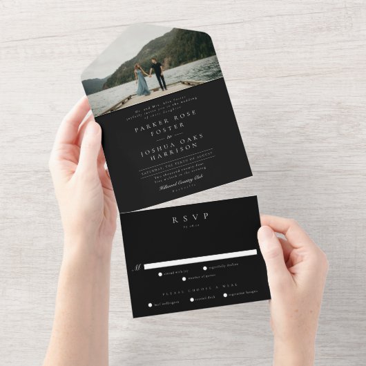 シンプル白黒結婚写真 オールインワン招待状 (貼ってはがせる)