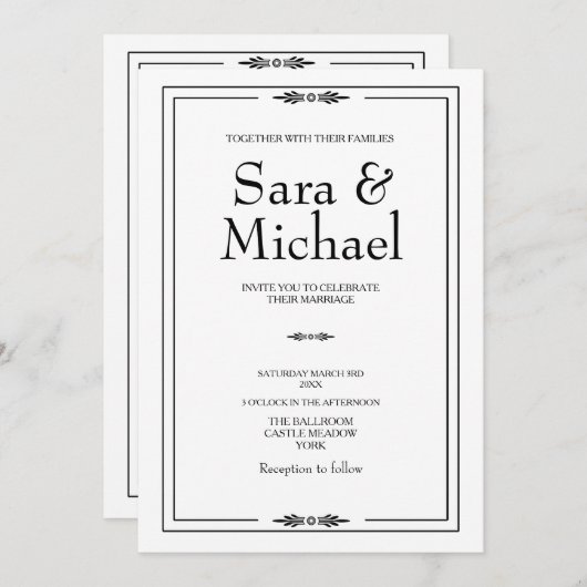 シンプル白黒結婚式招待状 招待状 (正面/裏面)