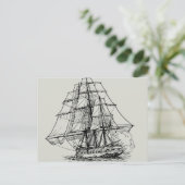 シンプル白黒船航海の海賊船 ポストカード (スタンド正面)