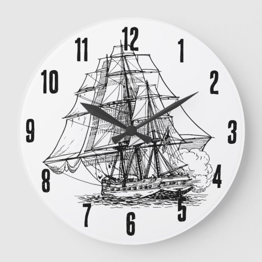 シンプル白黒船航海の海賊船 ラージ壁時計 (正面)