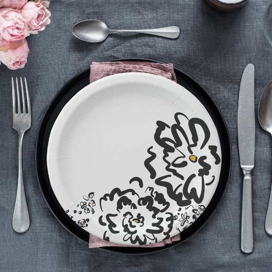 シンプル白黒花スケッチパーティー ペーパープレート