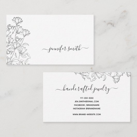 シンプル白黒花スケッチフローラ 名刺 (正面/裏面)
