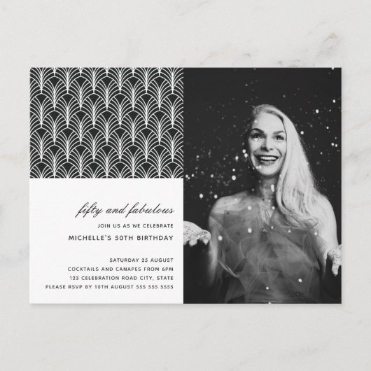 シンプル白黒50と素晴らしいアールデコ50th ポストカード (正面)