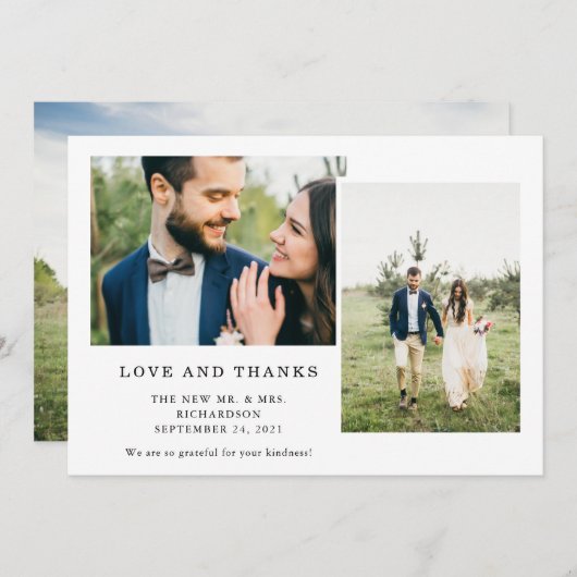 シンプル白黒 | 3枚の写結婚真 サンキューカード (正面/裏面)