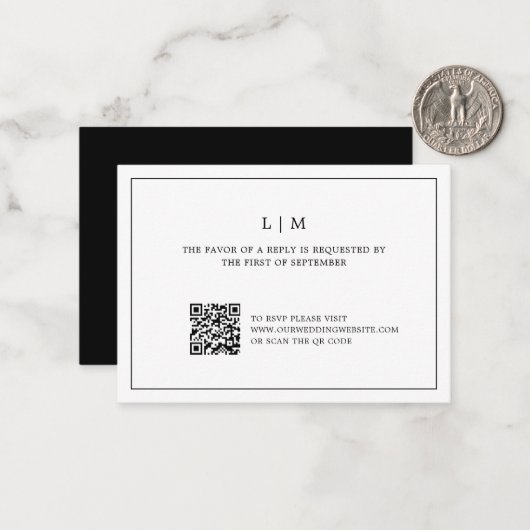 シンプル白黒QRコード予算結婚式RSVP ノートカード (正面/裏面インサイチュ)