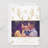 シンプル白&金ゴールドの雪の結晶クリスマスフォト シーズンカード (正面)