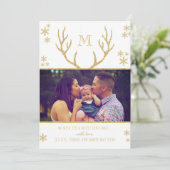 シンプル白&金ゴールドの雪の結晶クリスマスフォト シーズンカード (スタンド正面)