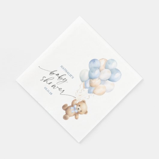 シンプル真珠の待ちテディベア青い風船シャワー スタンダードランチョンナプキン (角)