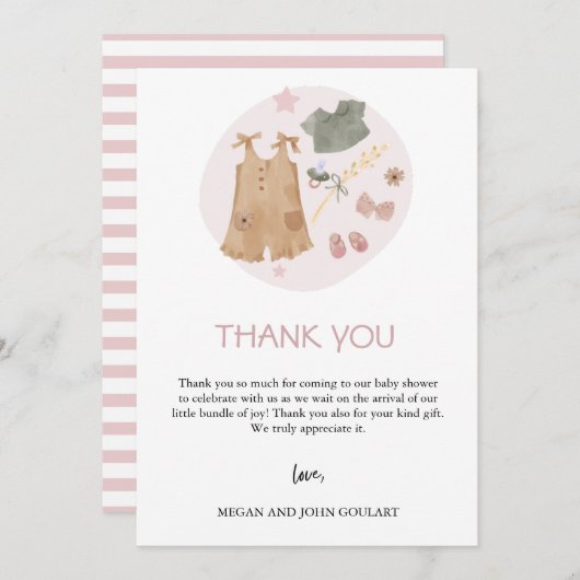 シンプル着付けピンク赤ちゃんシャワー サンキューカード (正面/裏面)