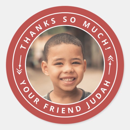 シンプル矢印Circle写真ありがとう名前Red ラウンドシール (正面)