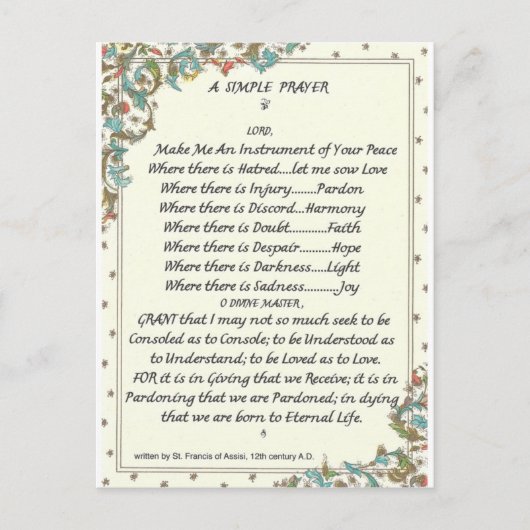 シンプル祈りの言葉=聖フランシス=教皇フランシス=フィレンツェ ポストカード (正面)