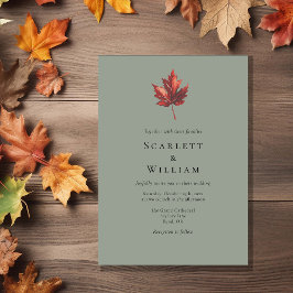 シンプル秋ミニマルリーフセージグリーン結婚ズ 招待状