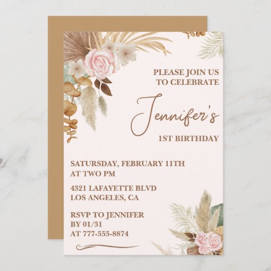 シンプル第1回の誕生日の招待ボホモダンフローラ 招待状 (正面/裏面)