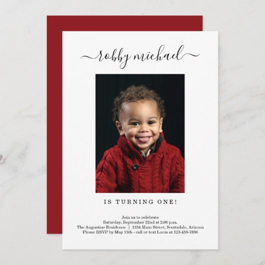 シンプル第1誕生日パーティの招待状 サンキューカード (正面/裏面)