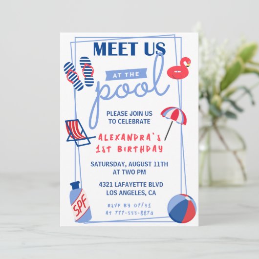 シンプル第1誕生日招待状プールパーティー夏 招待状 (スタンド正面)