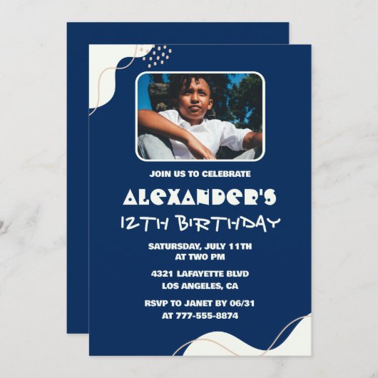 シンプル第12期招待状少年フォトネイビー 招待状 (正面/裏面)