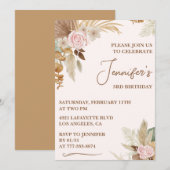 シンプル第3回誕生日の招待ボホモダンフローラ 招待状 (正面/裏面)