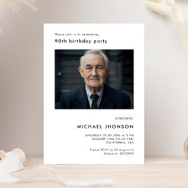 シンプル第90期フォト誕生日ブラック&ホワイトパーティー 招待状