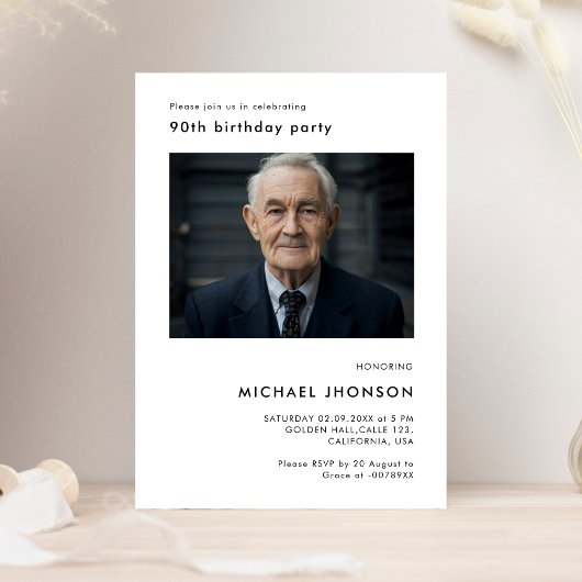 シンプル第90期フォト誕生日ブラック&ホワイトパーティー 招待状