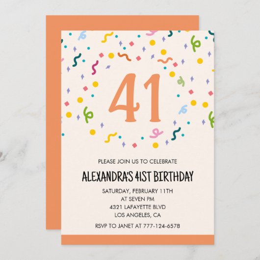 シンプル紙吹雪41歳の招待状モダン 招待状 (正面/裏面)