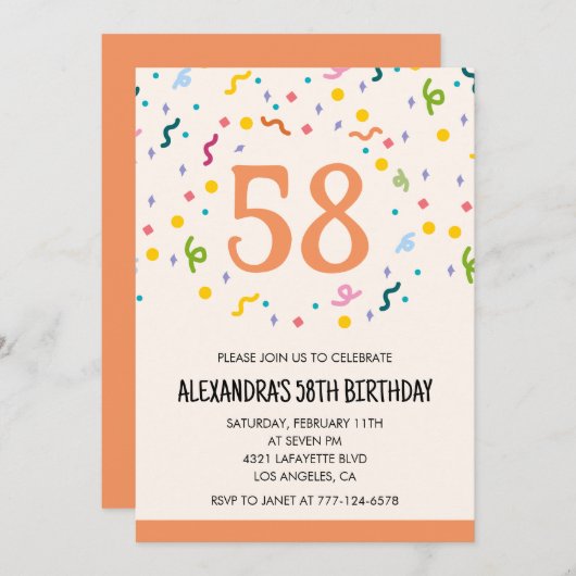 シンプル紙吹雪58歳の招待状モダン 招待状 (正面/裏面)