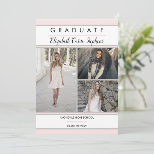 シンプル級三つフォト赤面ピンク卒業 案内状 (スタンド正面)