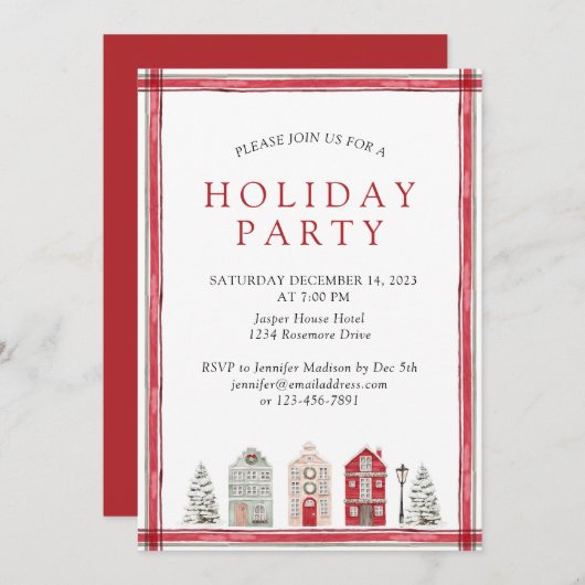 シンプル素朴ウォーター色ホリデーパーティレッド 招待状 (正面/裏面)
