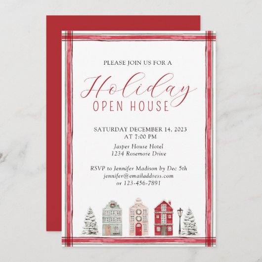 シンプル素朴ウォーター・カラー・ホリデー・オープン・ハウス・レッド 招待状 (正面/裏面)
