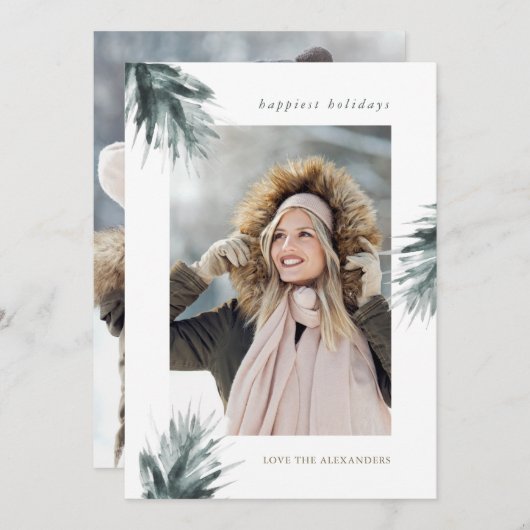 シンプル素朴ブランチ2枚フォトクリスマスホリデー シーズンカード (正面/裏面)