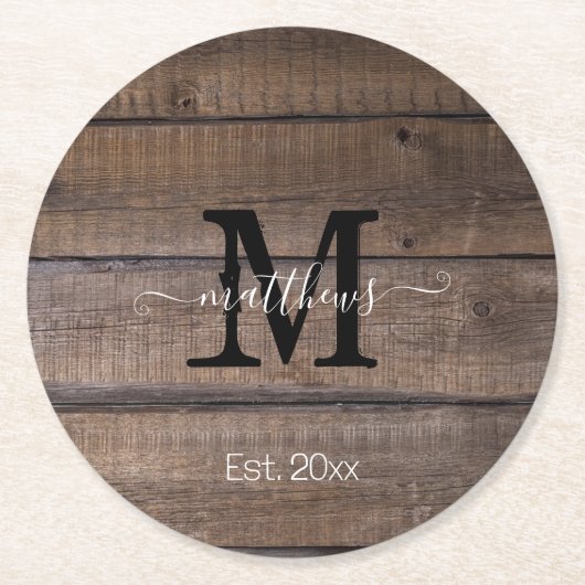シンプル素朴モノグラムスクリプトファミリ名カスタム式 ラウンドペーパーコースター (正面)