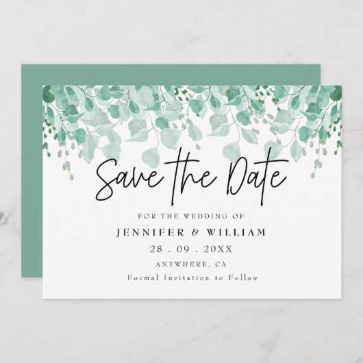 シンプル素朴Sage Green Eucalyptus日付を保存 招待状 (正面/裏面)
