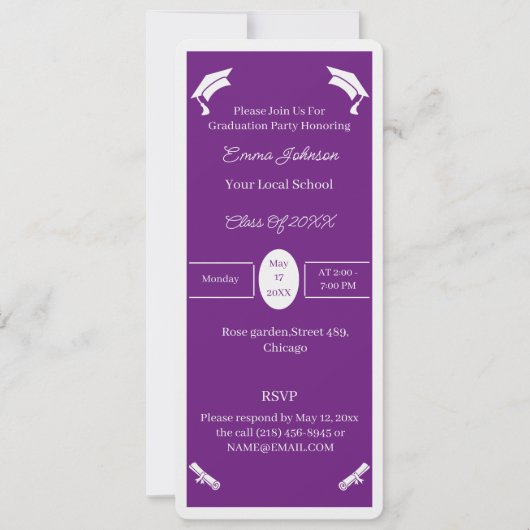 シンプル紫と白のパーソナライズされた卒業 招待状 (正面)