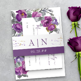 シンプル紫と金ゴールド紙吹雪モノグラム結婚ズ 招待状ベリーバンド