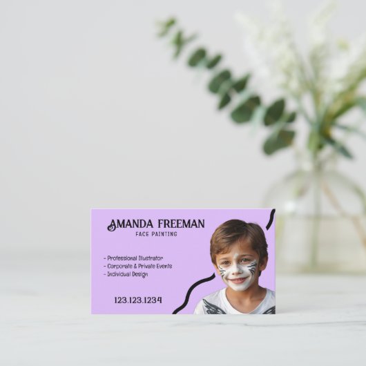 シンプル紫と黒のパーティー顔画家 名刺 (スタンド正面)
