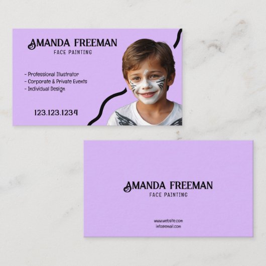 シンプル紫と黒のパーティー顔画家 名刺 (正面/裏面)